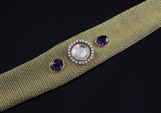A ladys stylish 1960s 18ct gold, amethyst and diamond Zenith dress bracelet watch, 7.25in.